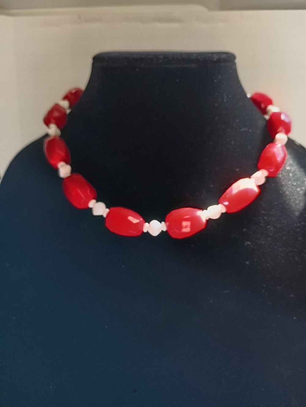 Vintage Signed Monet Bead Necklace Red & White